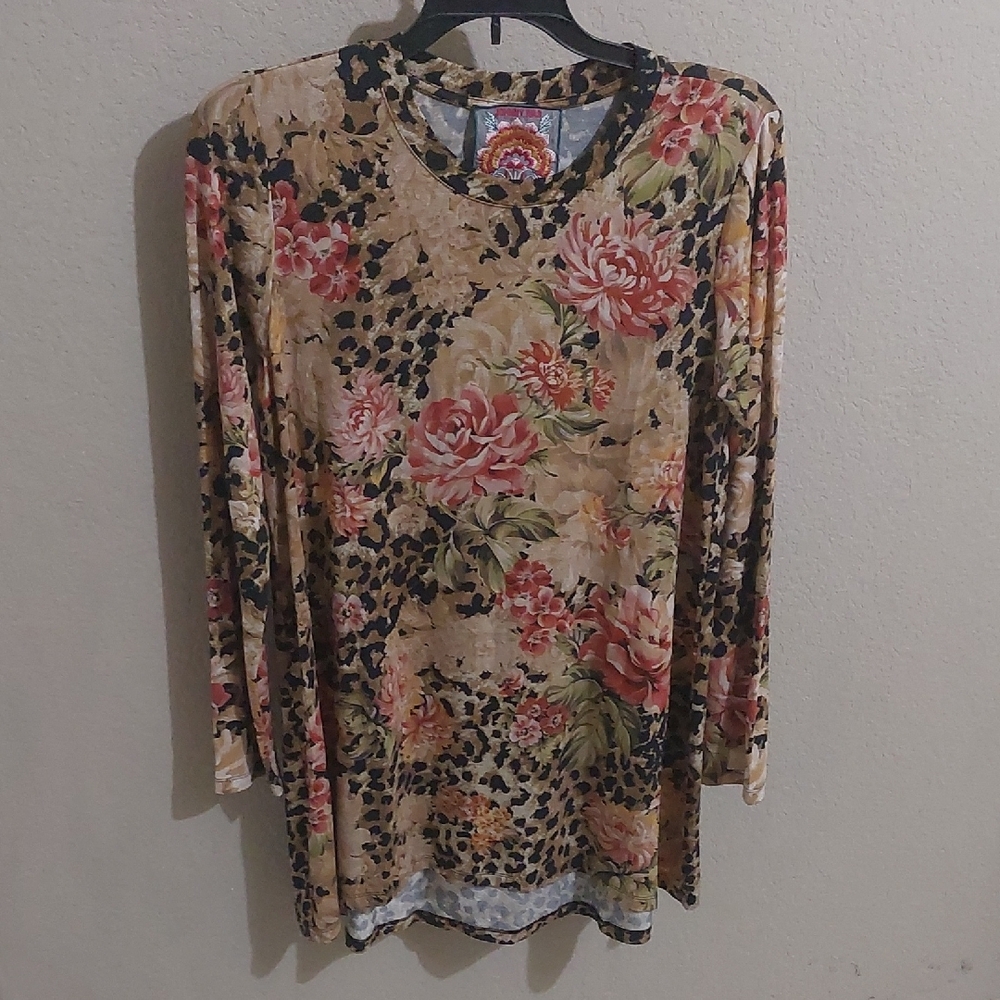 Johnny Was Tan and Pink Floral Long Sleeve Tunic